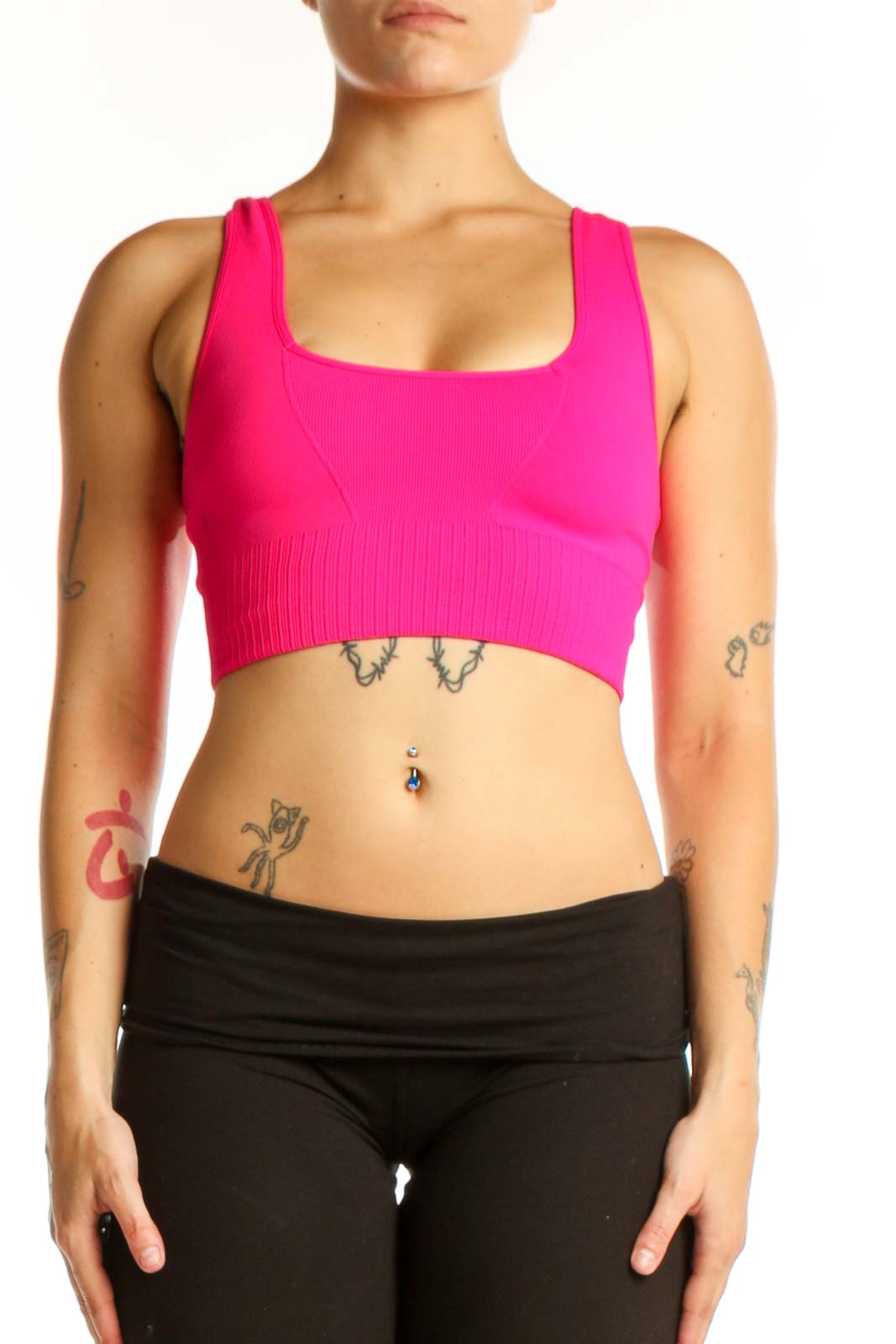 Pink Ribbed Sports Bra Tank Top Front