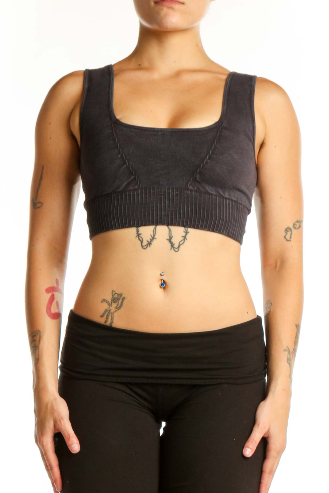 Black Ribbed Sports Bra Tank Top Front