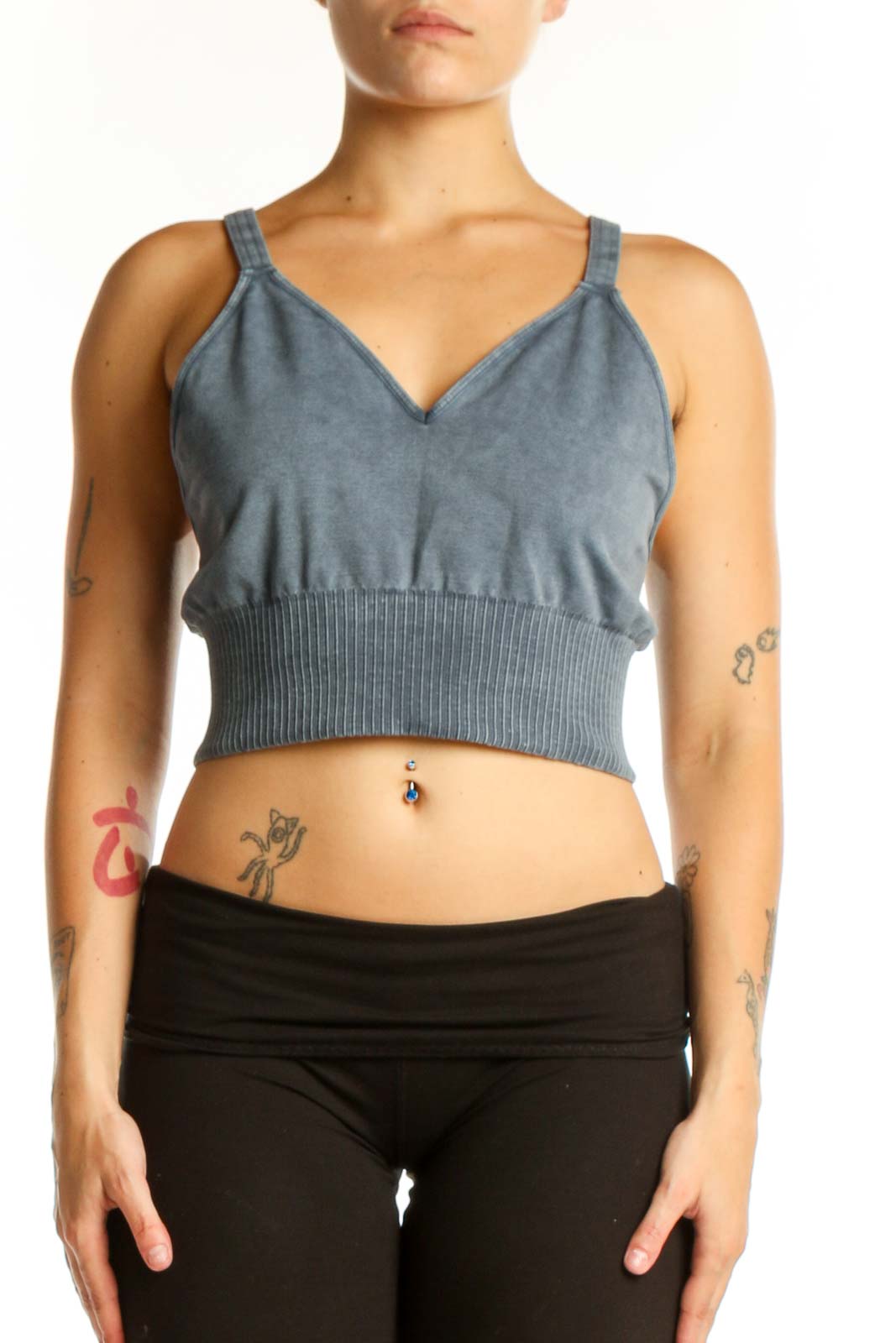 Blue Ribbed Crop Tank Top Front