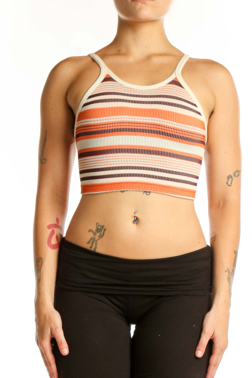 Orange Striped Ribbed Sports Bra Top Front