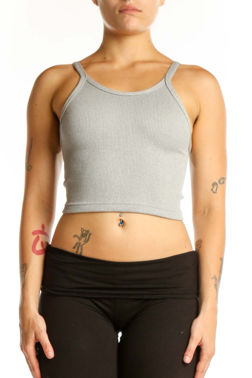 Gray Ribbed Crop Tank Top Front