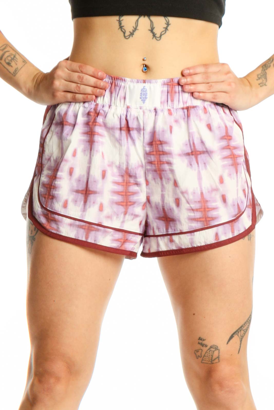 Pink Tie Dye Athletic Shorts with Burgundy Trim Front