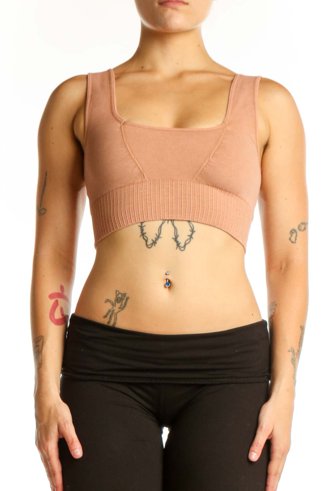 Beige Ribbed Crop Top Sports Bra Front