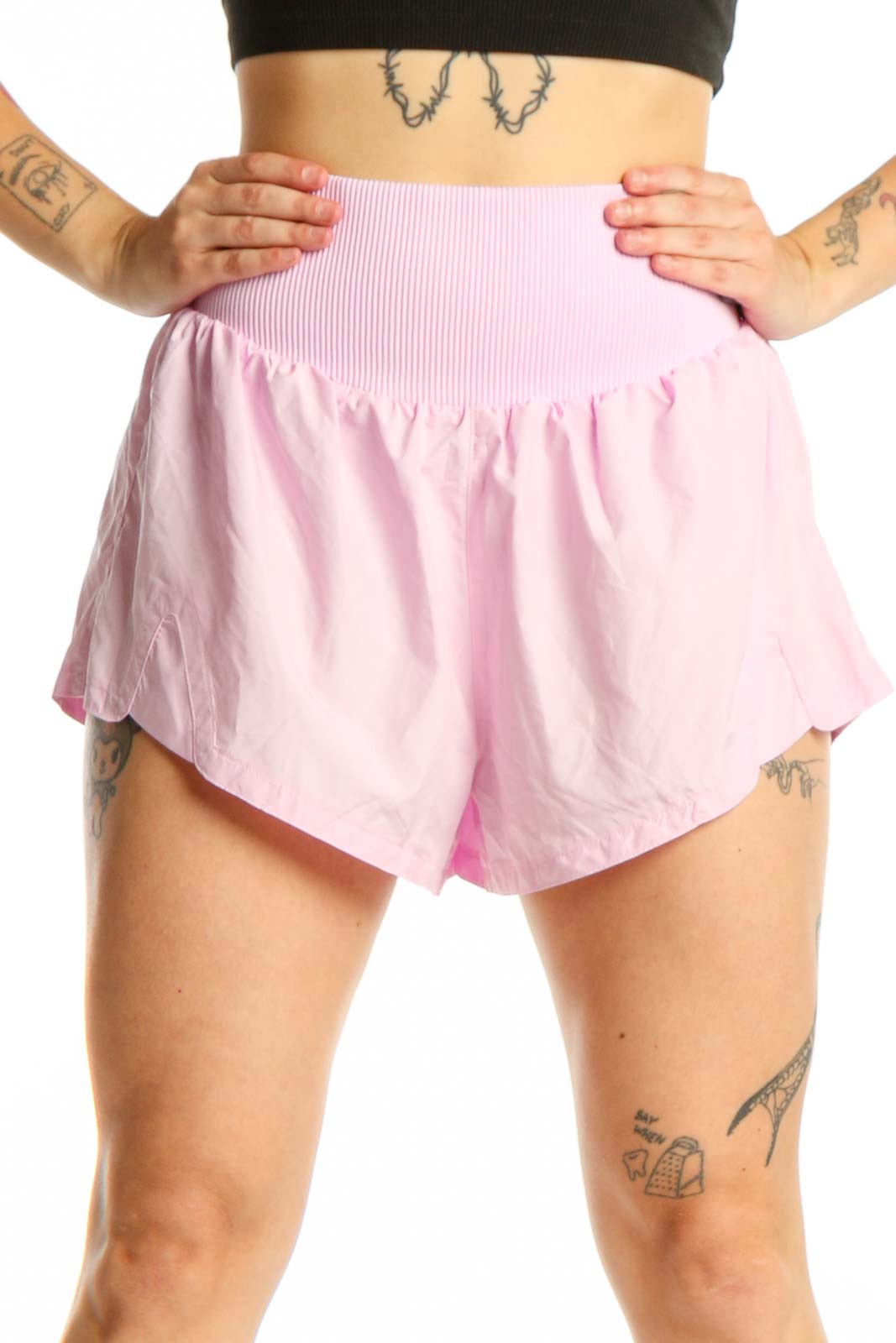 Pink Ribbed Waistband Athletic Shorts Front