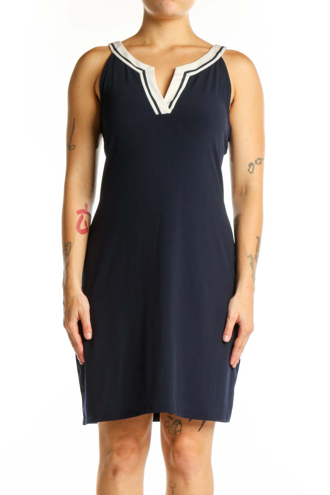 Navy V-Neck Sleeveless Shift Dress Front