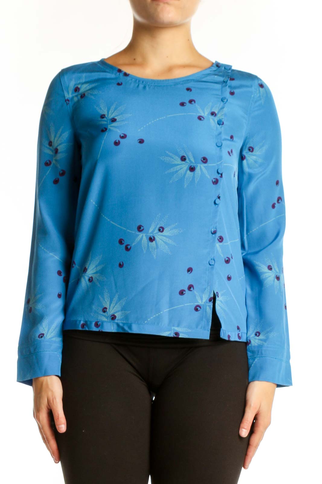 Blue Silk Floral Print Long Sleeve Top Front