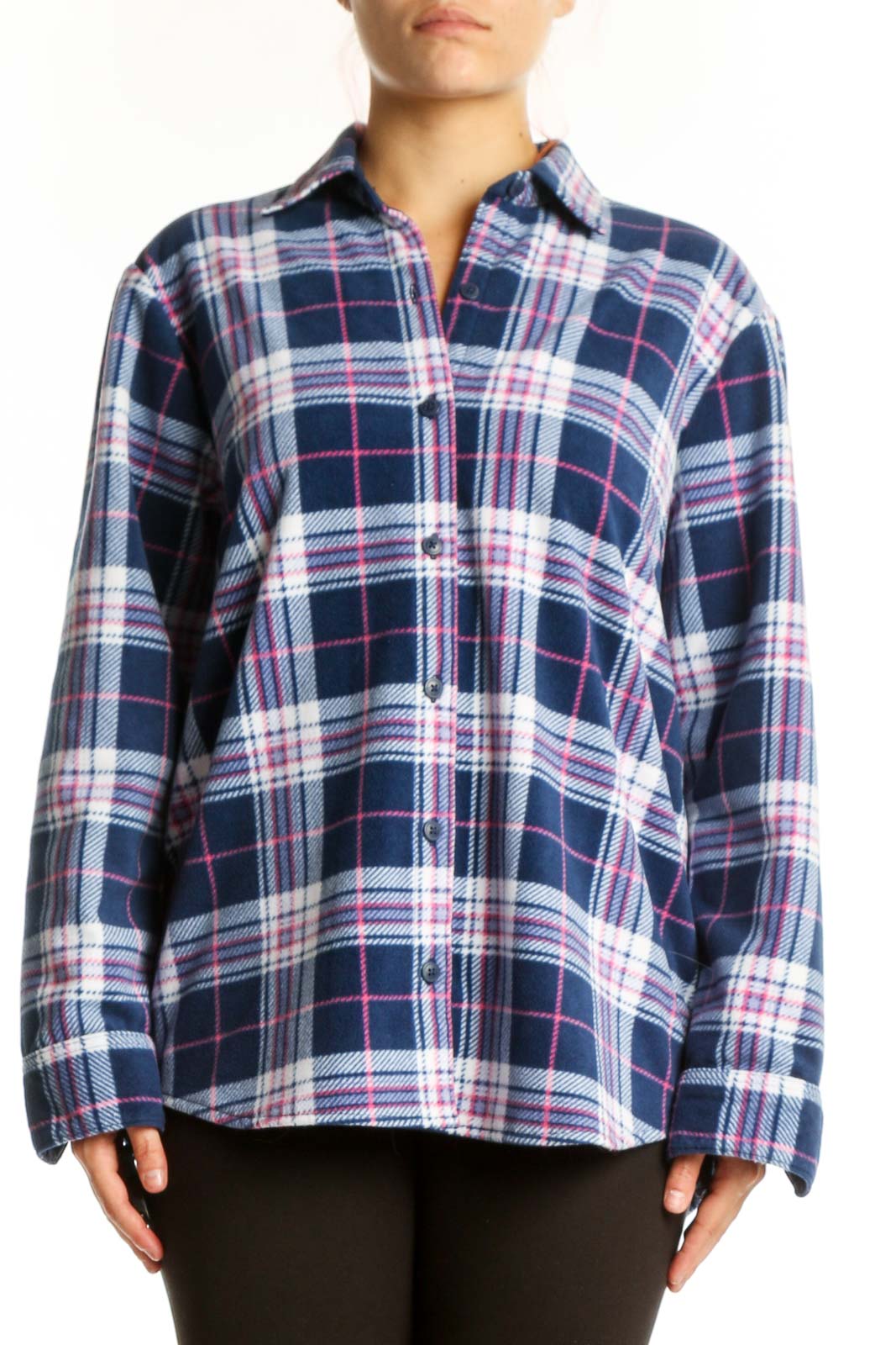Navy Plaid Button-Up Flannel Jacket Front
