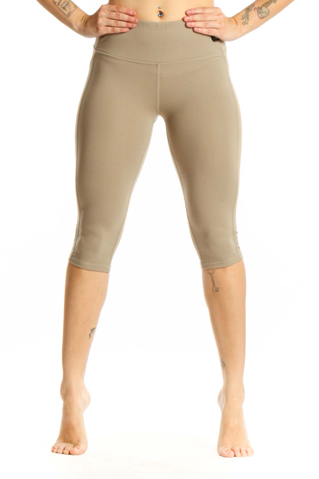 Beige High-Waist Capri Leggings with Pockets Front