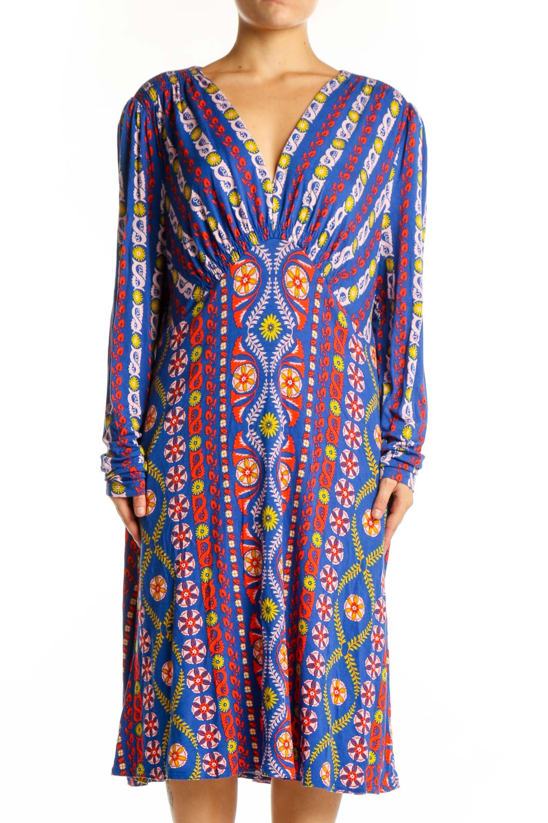Blue Multicolor Geometric Print Midi Dress Front