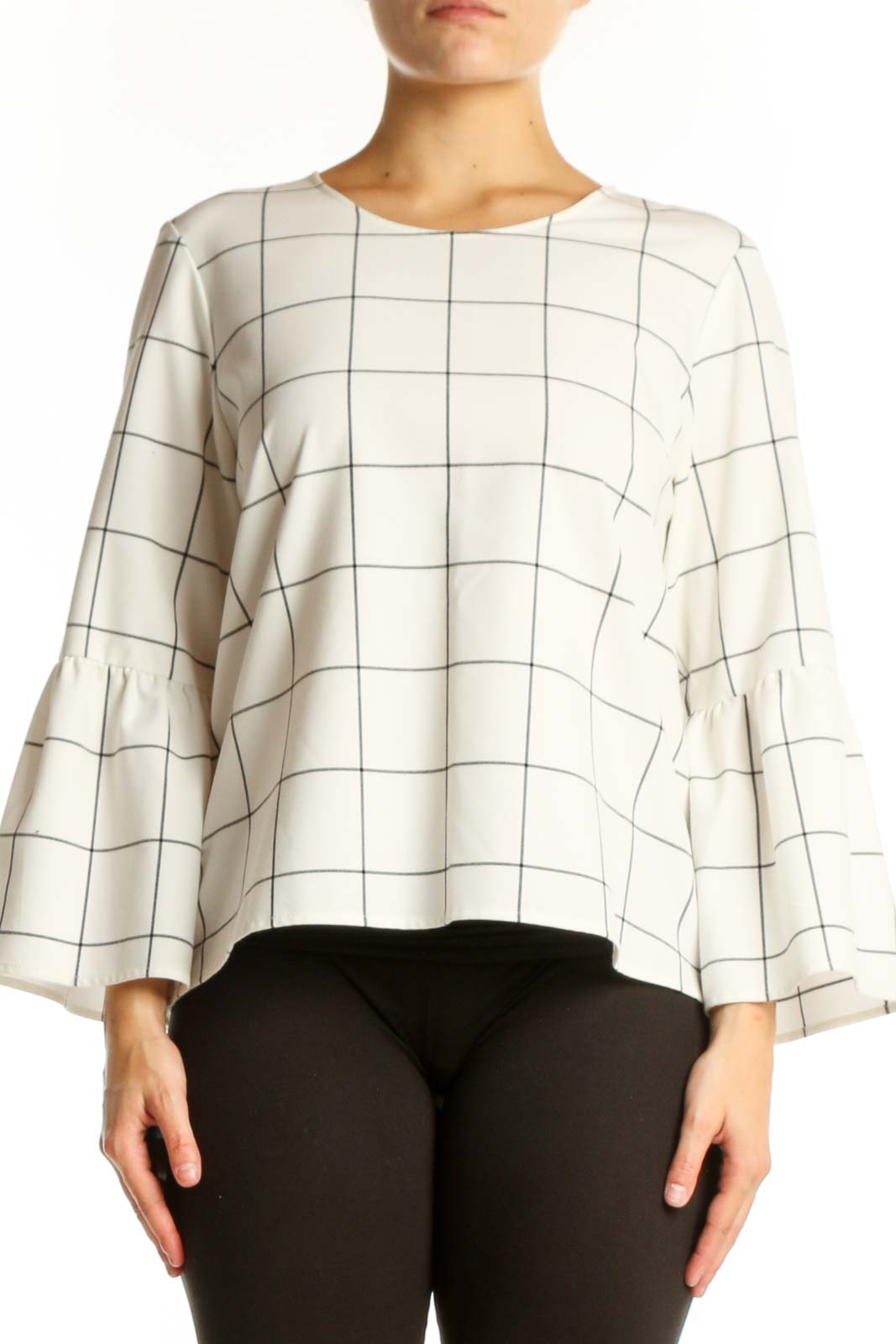 Cream Grid Print Bell Sleeve Top Front