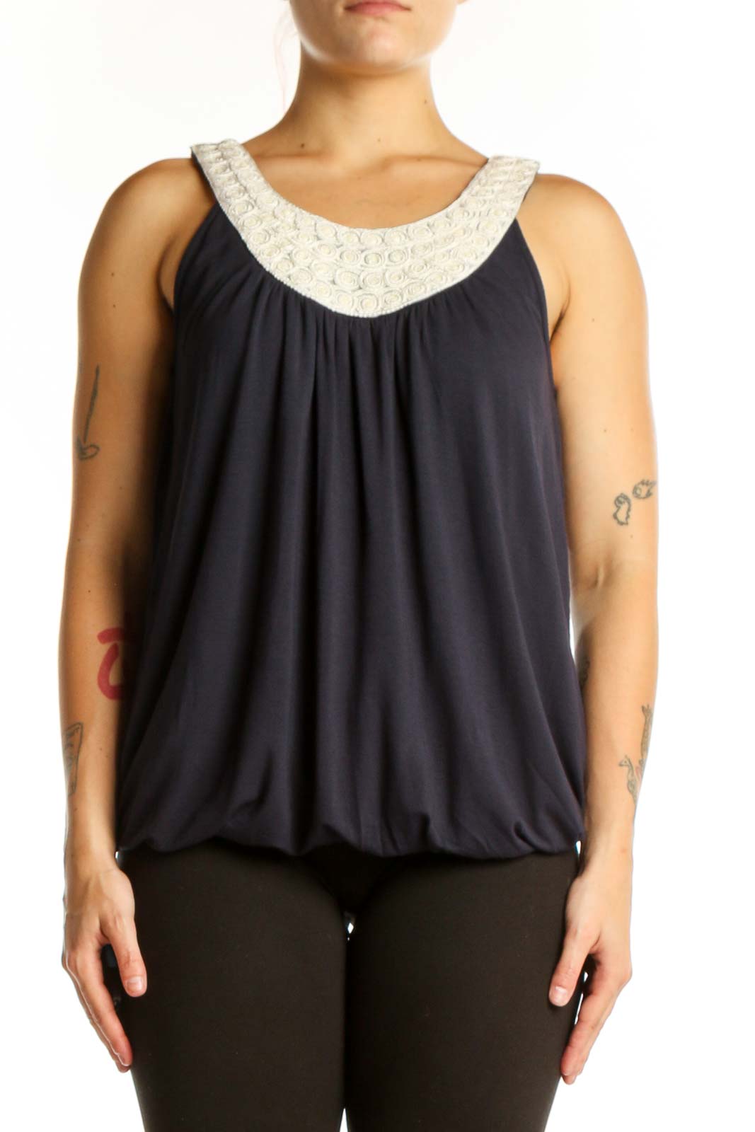 Navy Rayon Tank Top with Cream Embellished Neckline Front