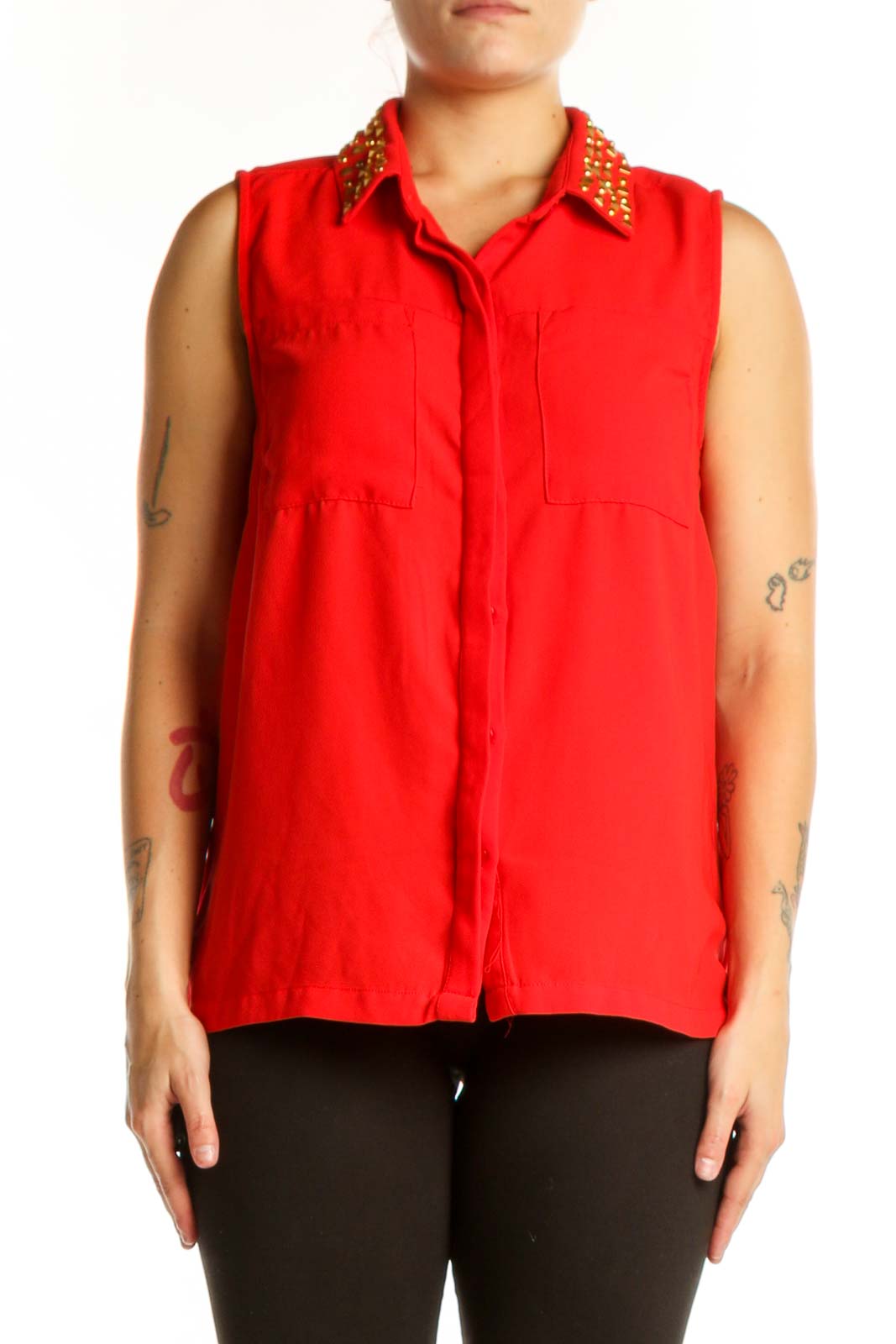 Red Studded Collar Sleeveless Button-Up Top Front