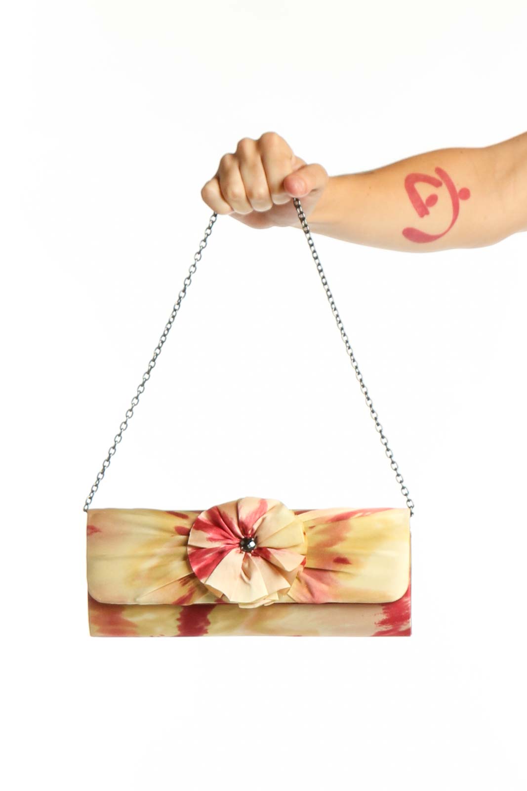 Cream Floral Silk Shoulder Bag with Chain Strap Front