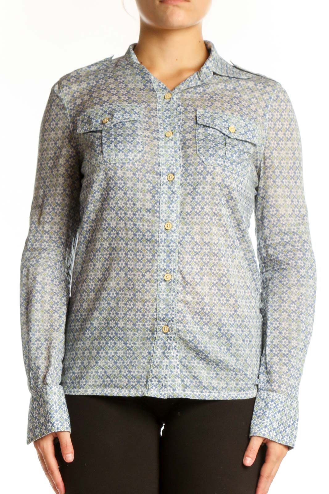Blue Geometric Cotton Button-Up Shirt Front