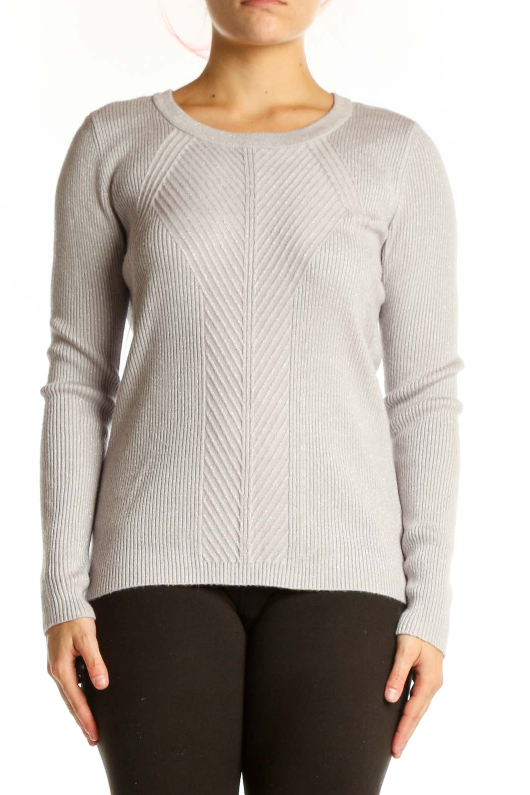 Cream Ribbed Knit Sweater with Metallic Details Front
