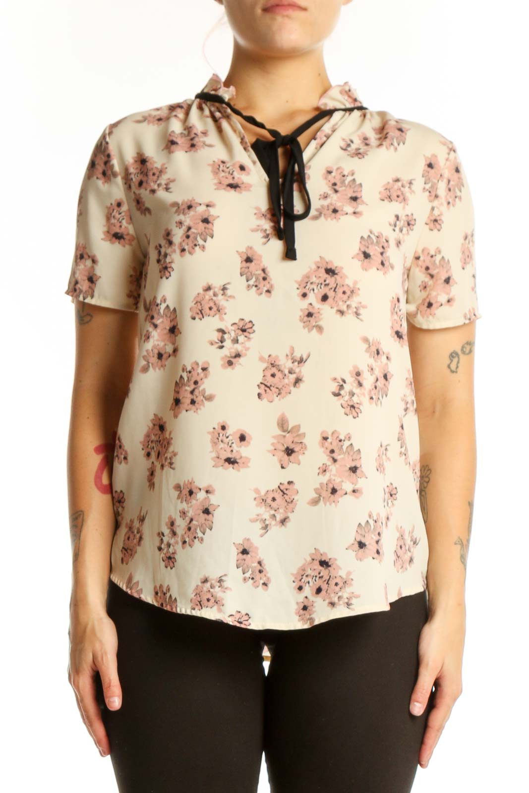 Cream Floral Short Sleeve Blouse Front
