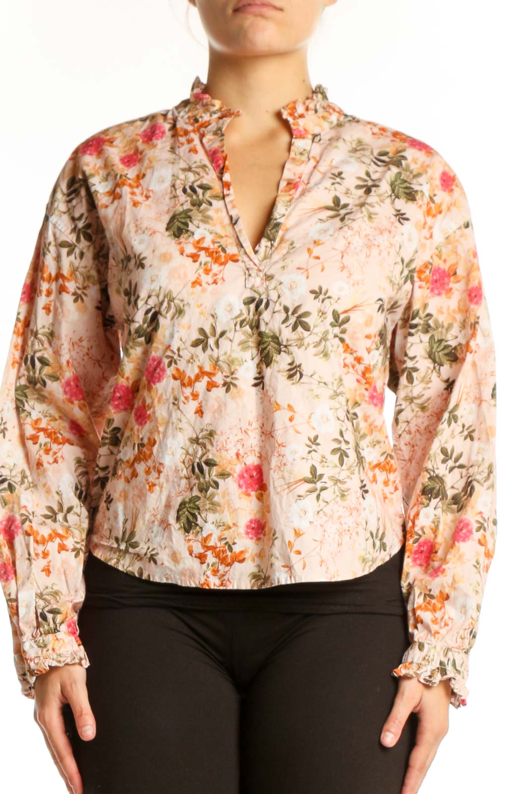 Cream Floral Pima Cotton Button-Up Top Front