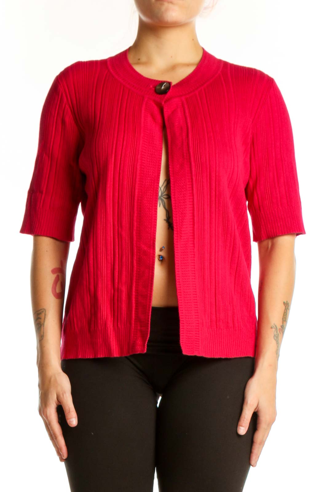 Red Ribbed Knit Cardigan with Button Front Front