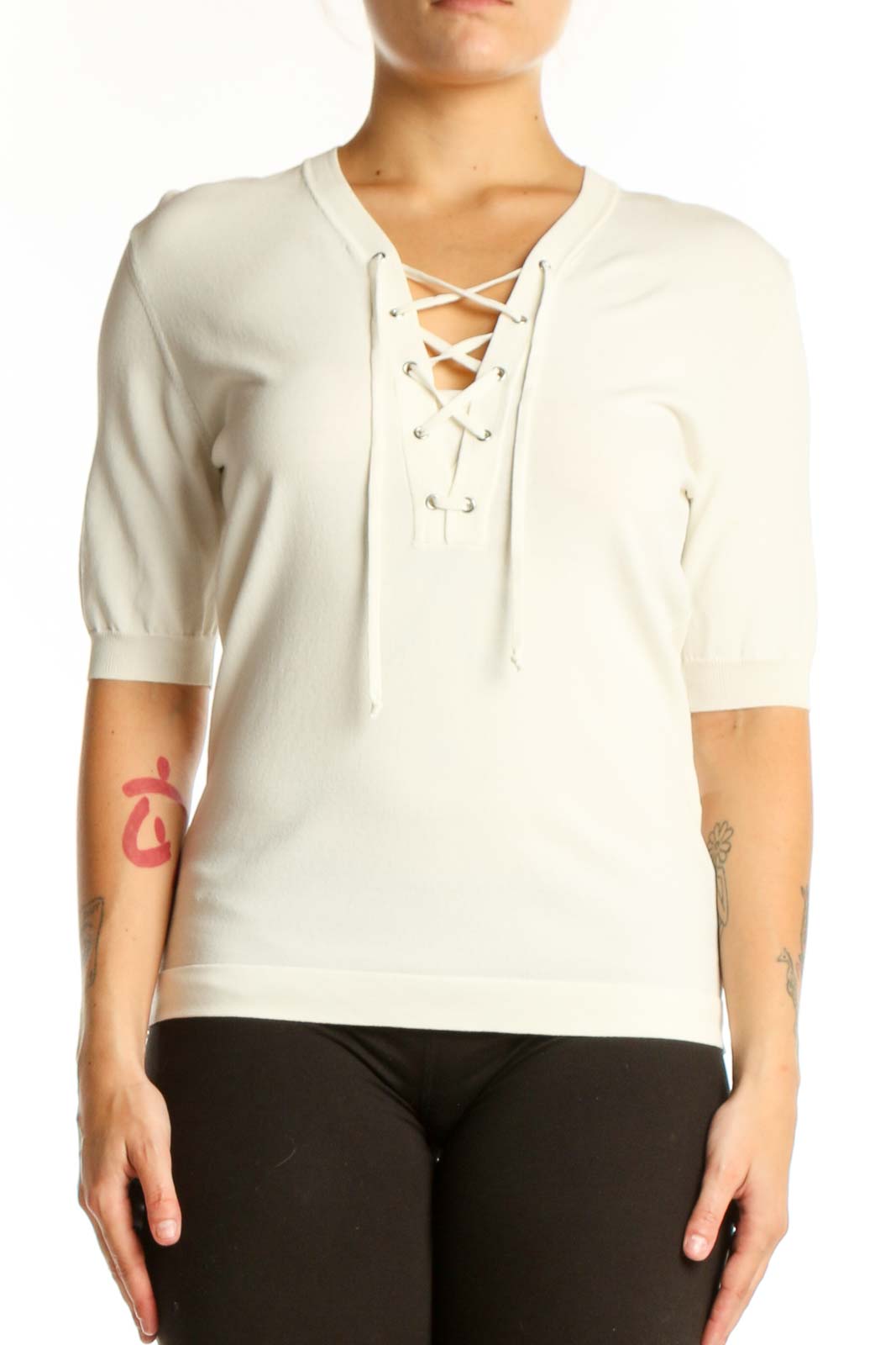 Cream Lace-Up V-Neck Top Front