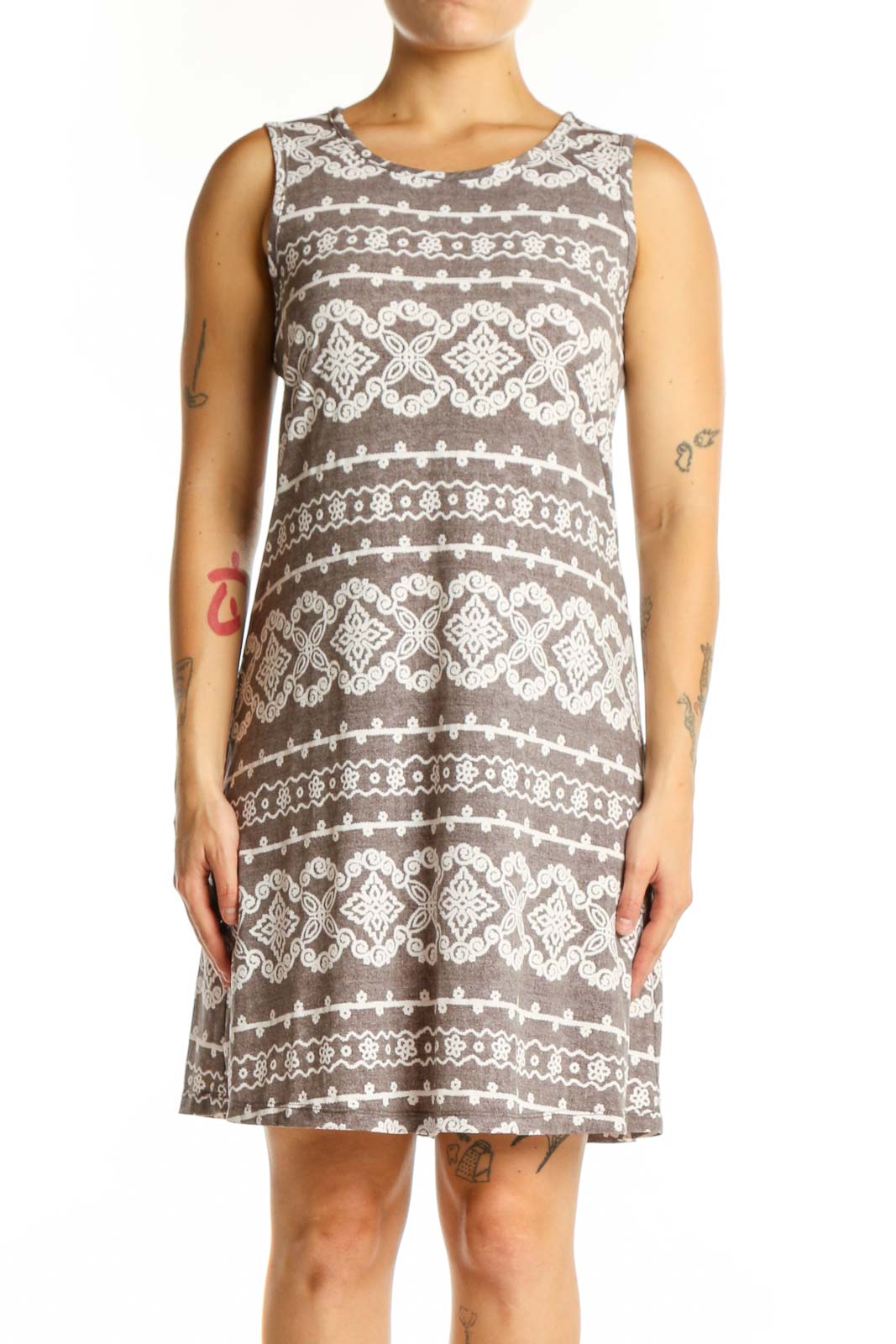 Taupe Geometric Print A-Line Dress Front
