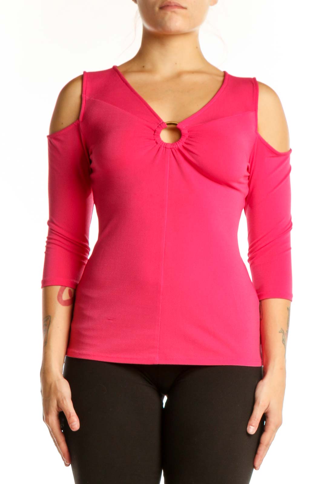 Pink Cold Shoulder Top with Keyhole Detail Front