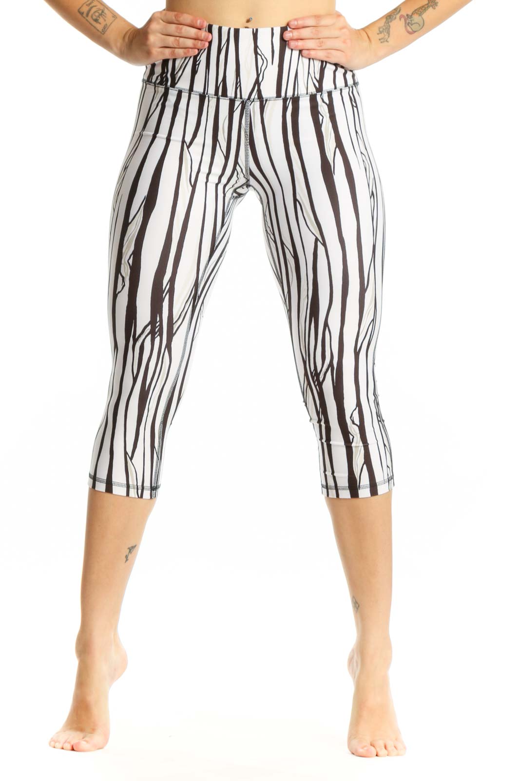 White Striped Capri Leggings Athletic Front