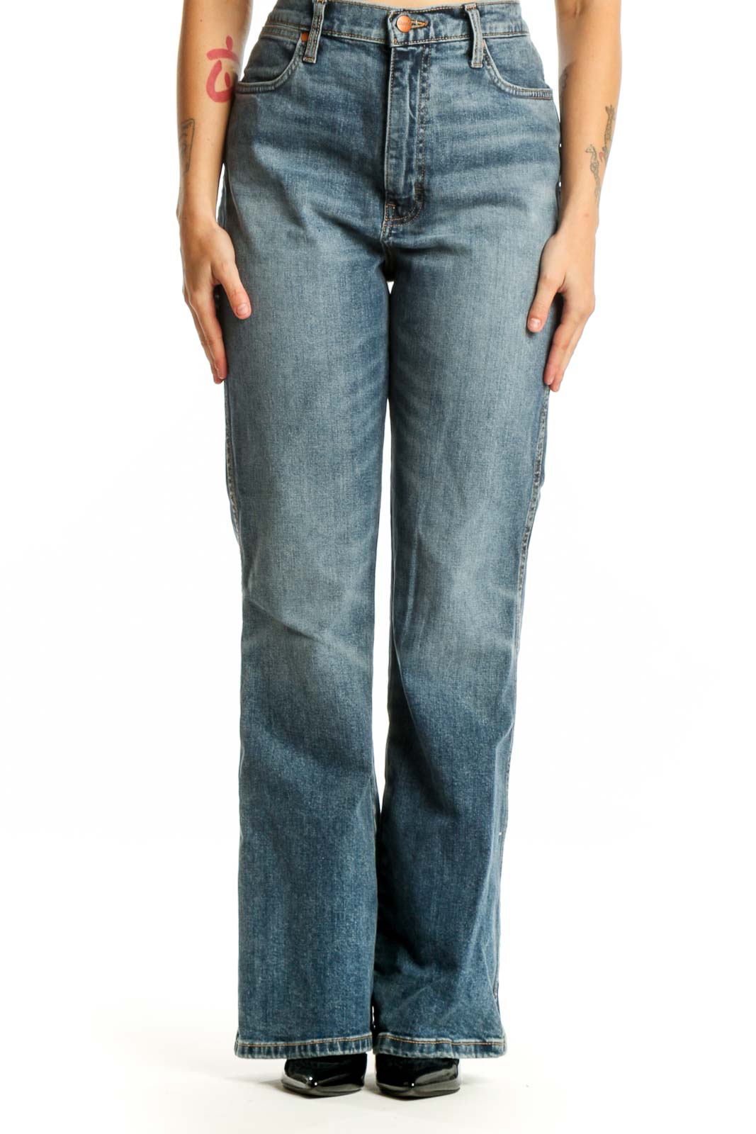 Blue Medium Wash Wrangler Flare Jeans Front