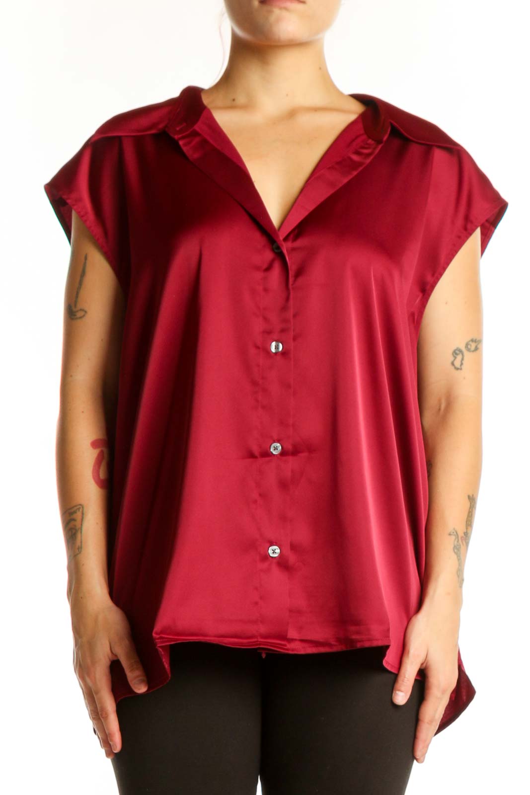 Burgundy Button-Up Cap Sleeve Blouse Front