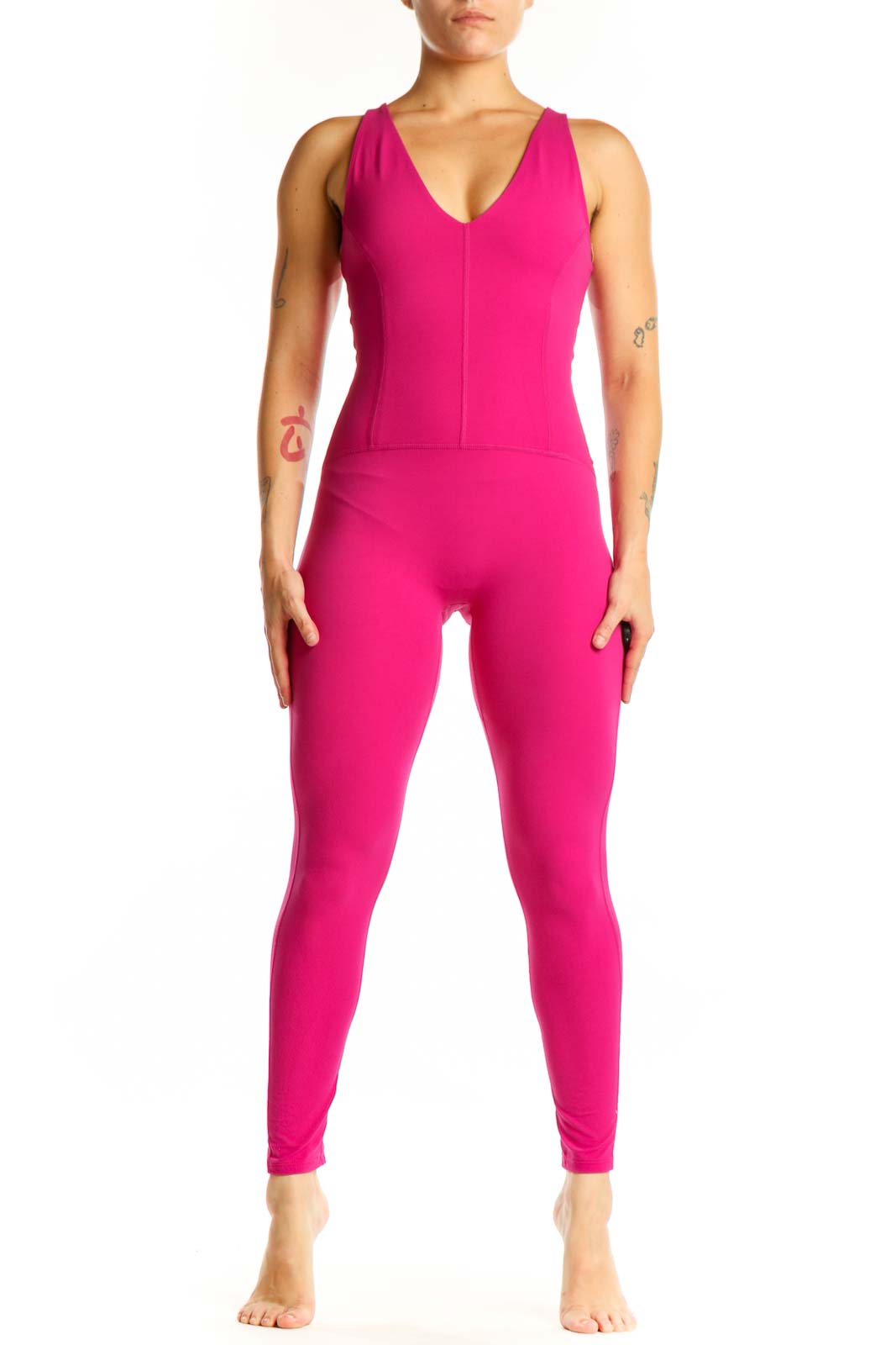 Pink V-Neck Sleeveless Jumpsuit Front