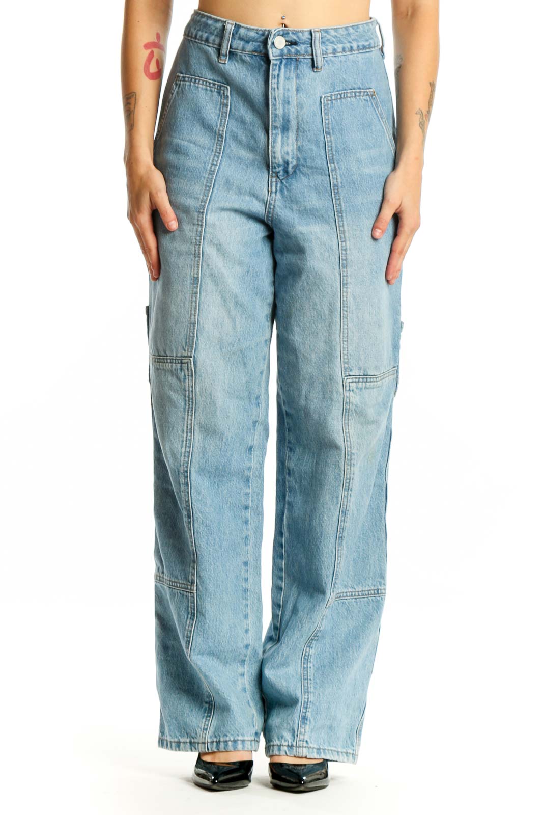Blue Light Wash Cargo Denim Jeans Front