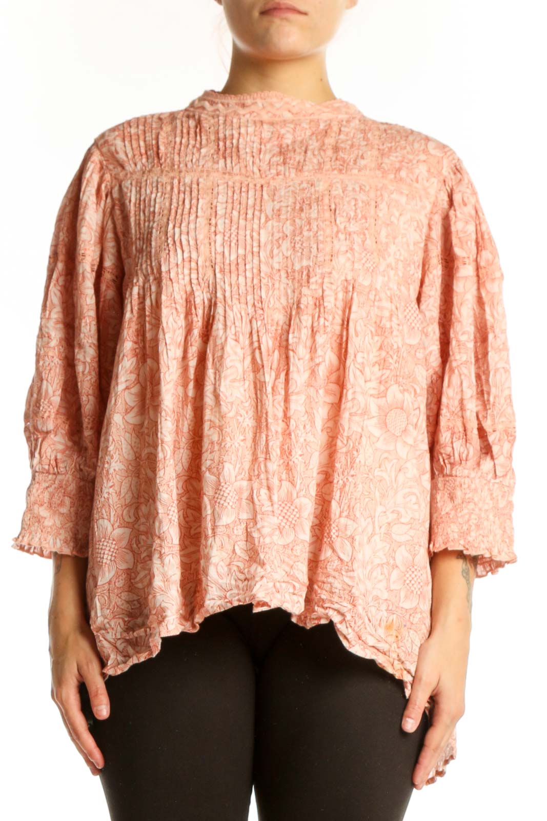 Peach Floral Cotton Blouse with Pleated Details Front
