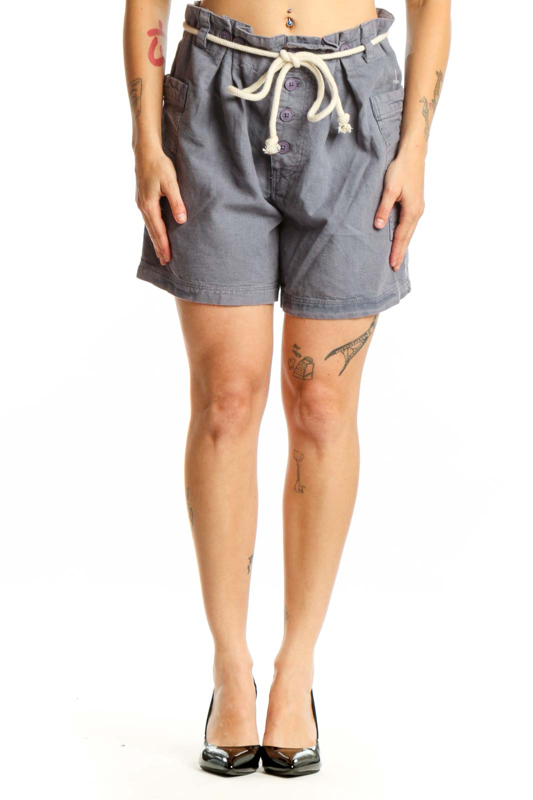 Gray Linen Cotton Drawstring Shorts Front