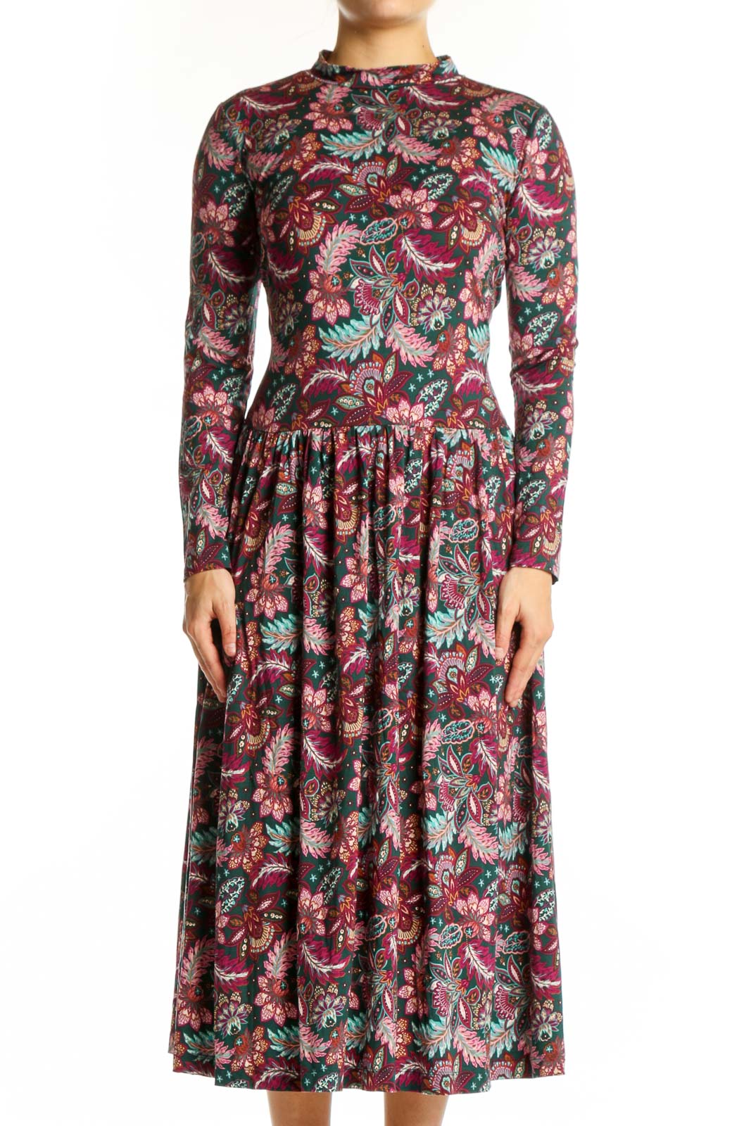 Burgundy Floral Long Sleeve Midi Dress Front