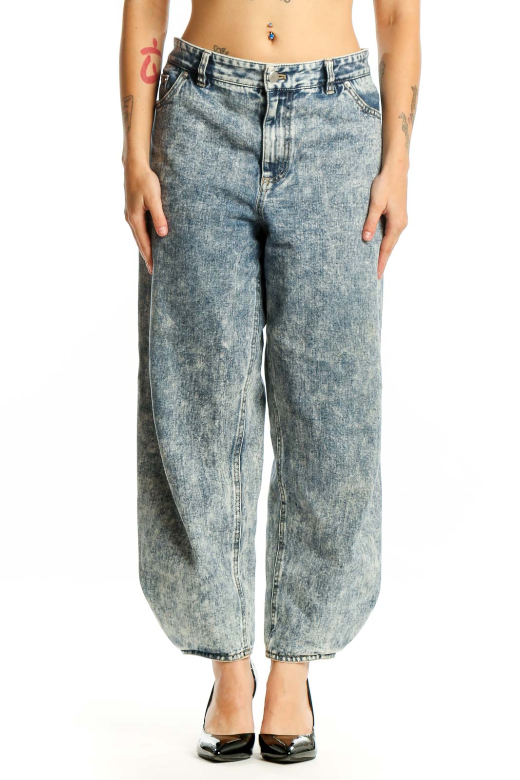 Blue Acid Wash Cropped Denim Jeans Front
