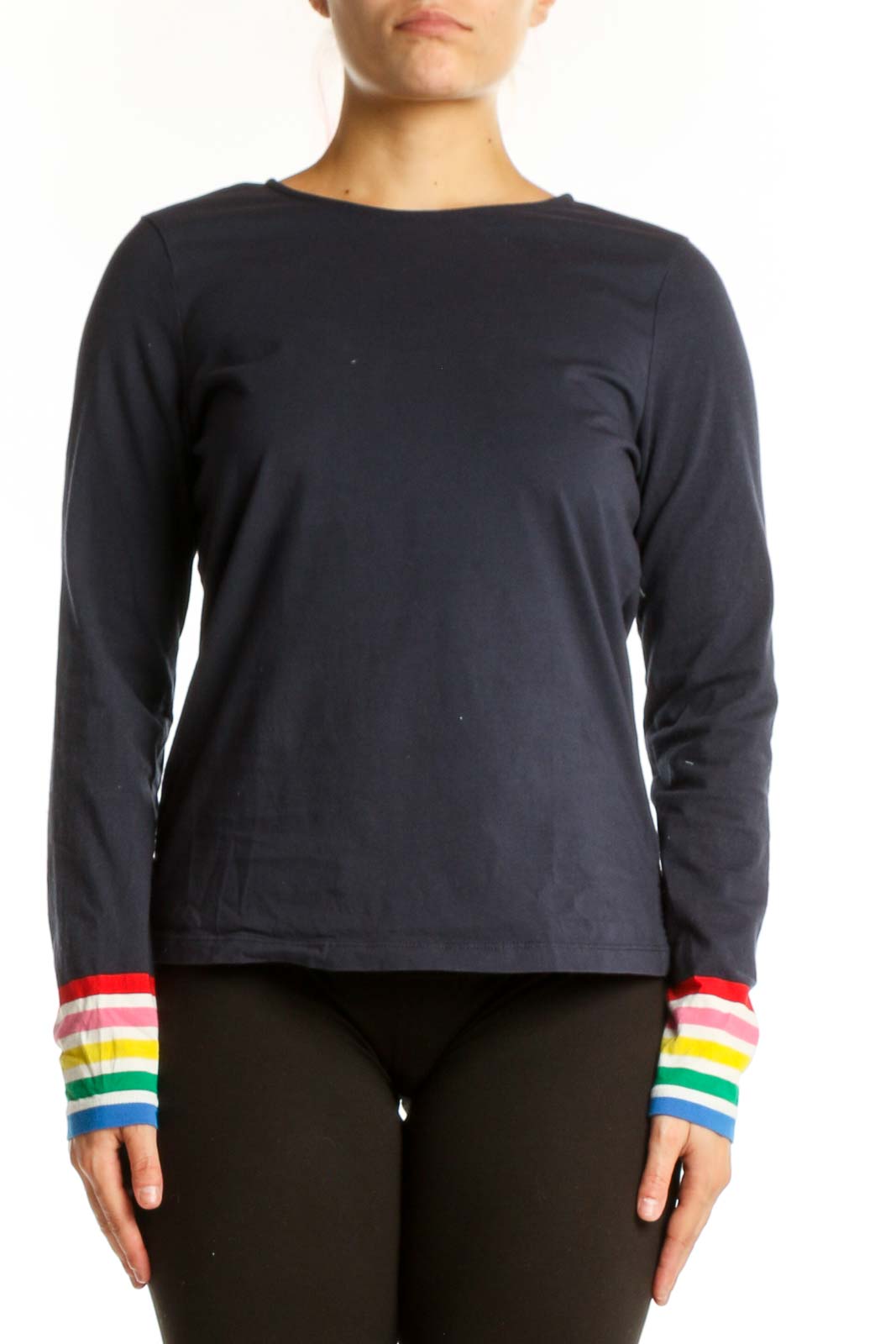 Navy Cotton Long Sleeve Top with Rainbow Cuffs Front