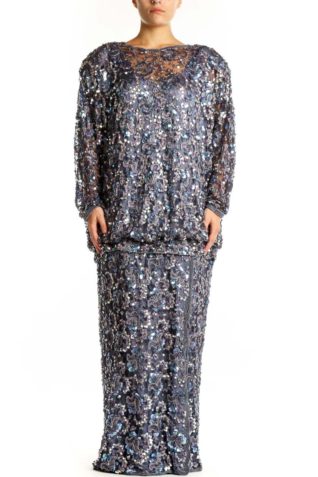 Silver Sequin Plus Size Evening Gown Front