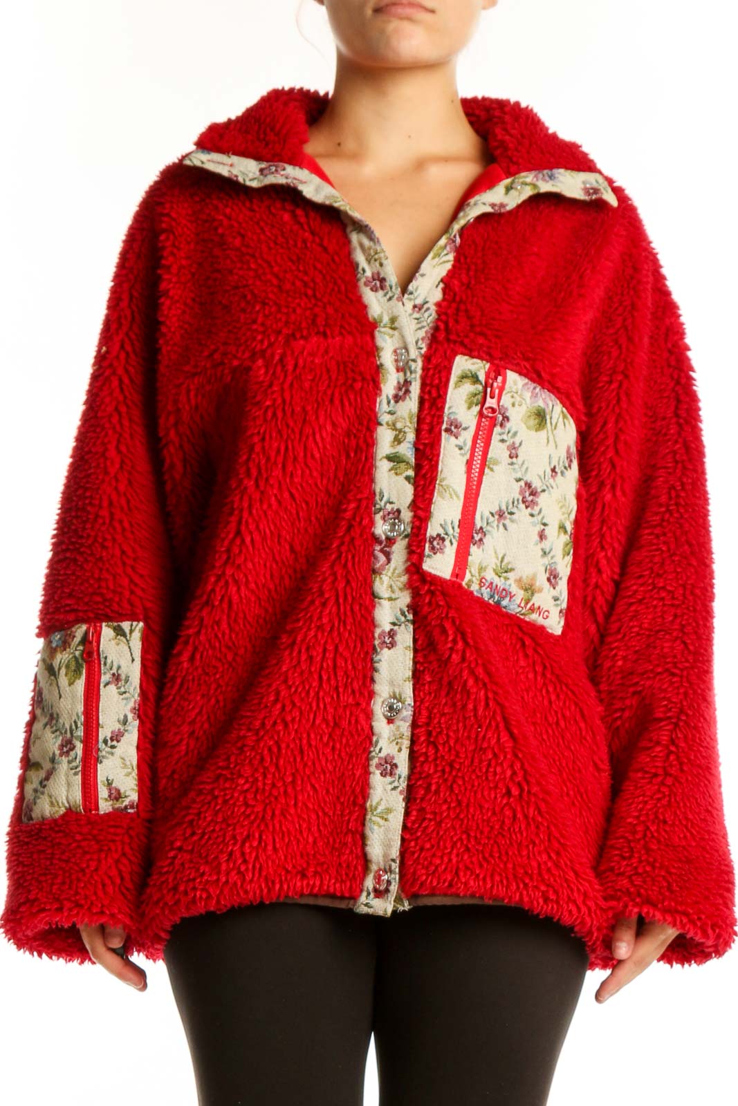 Red Fuzzy Zip-Up Jacket with Floral Trim Front