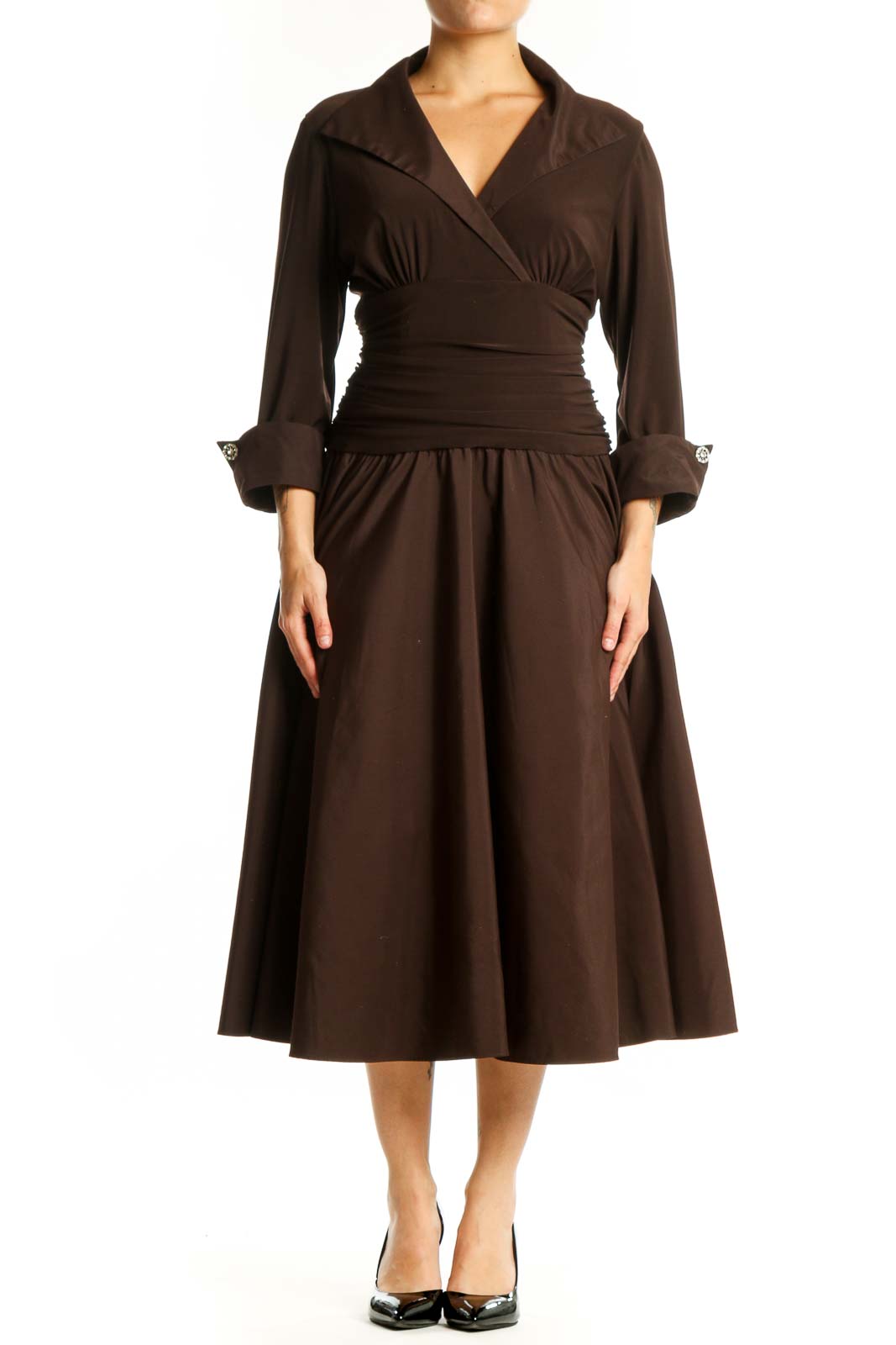 Brown Wrap Midi Dress with Ruched Waist Front