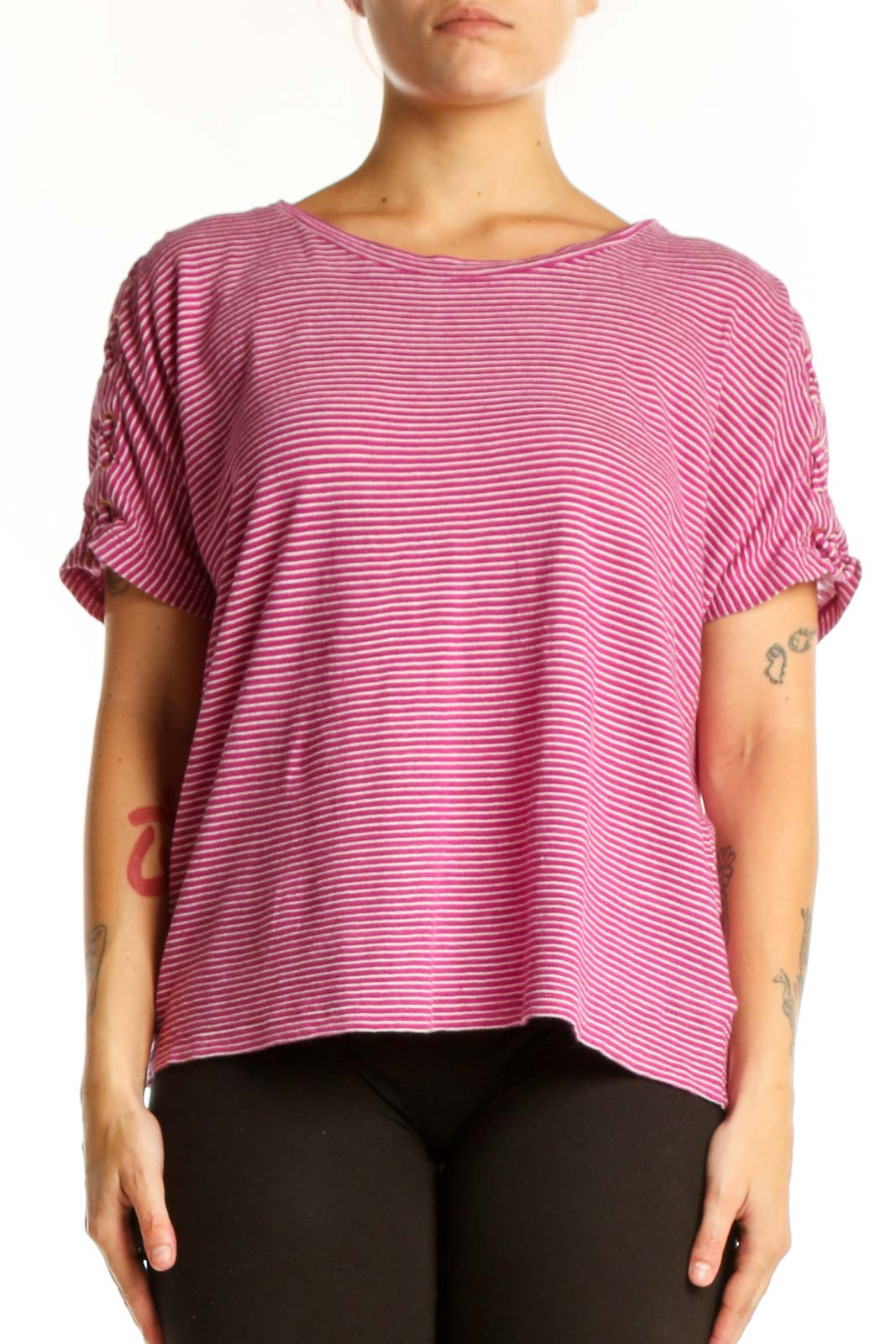 Pink Striped Cotton Linen Short Sleeve Top Front