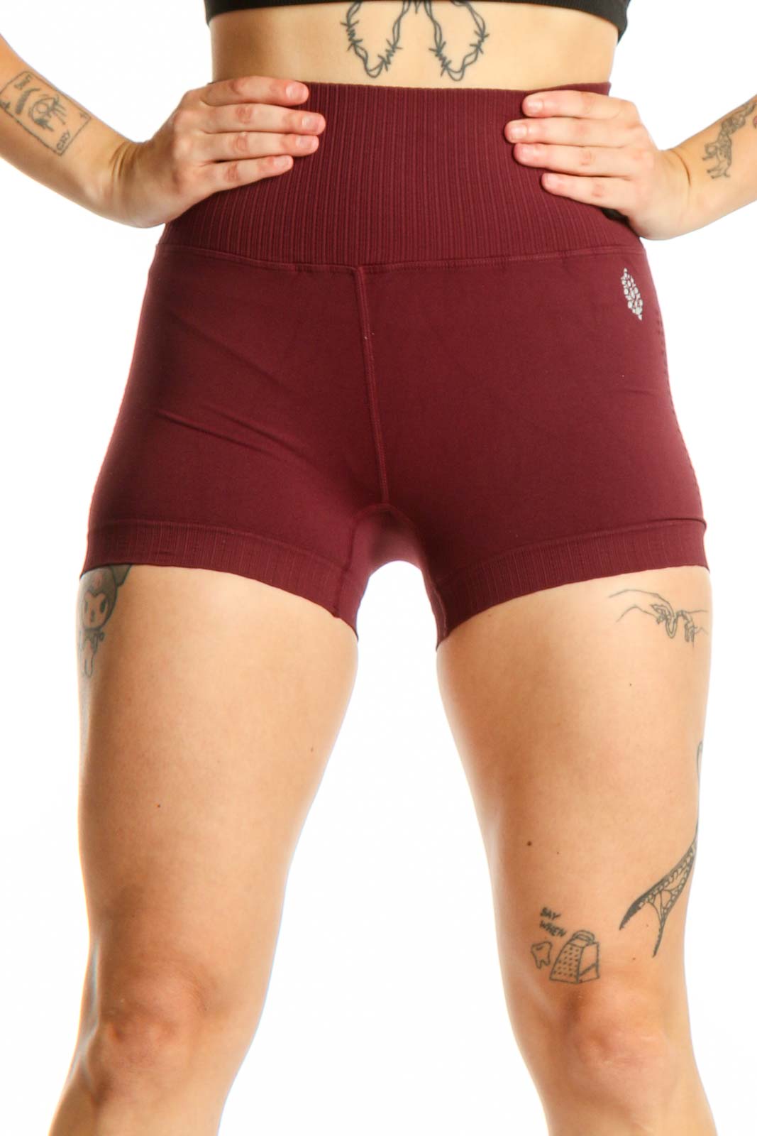 Burgundy Ribbed High-Waist Activewear Shorts Front