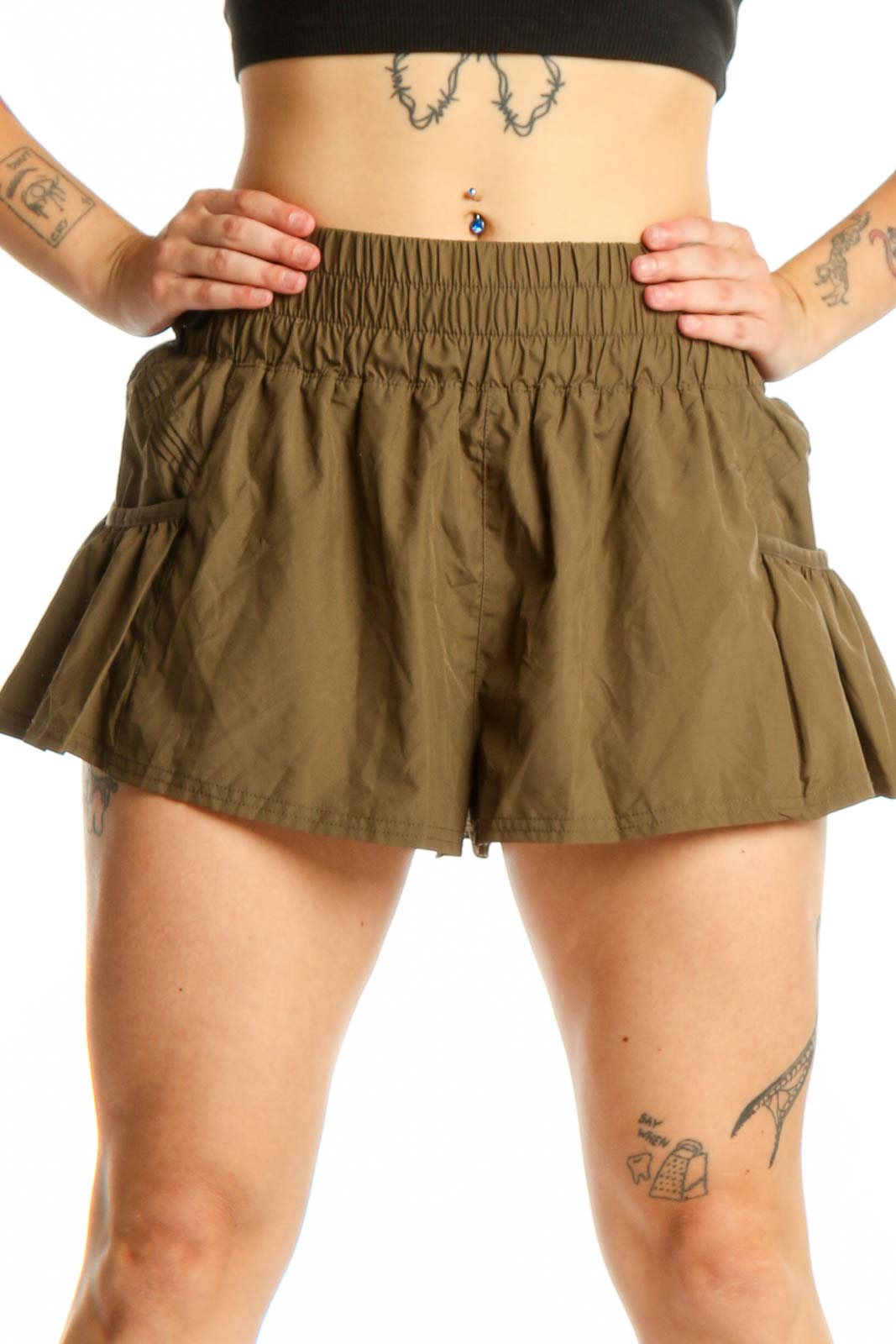 Olive Green Flared Activewear Shorts Front