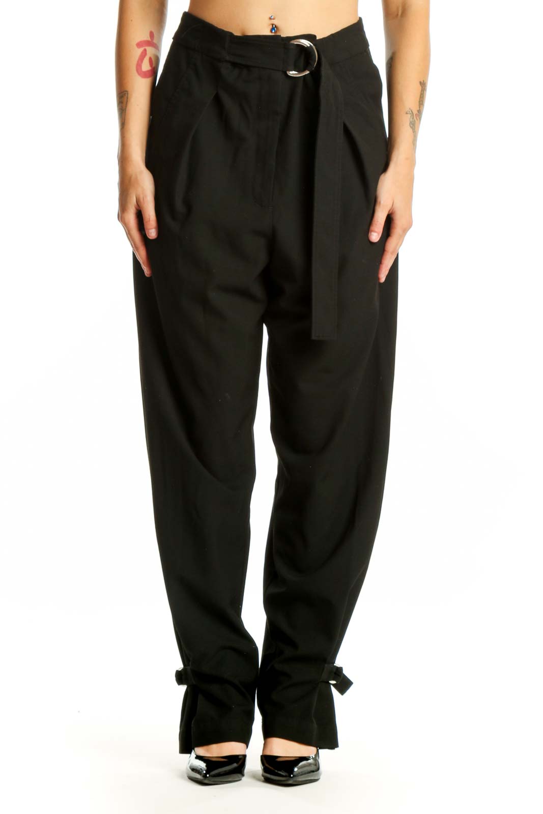 Black Paperbag Waist Pants with Tie Detail Front