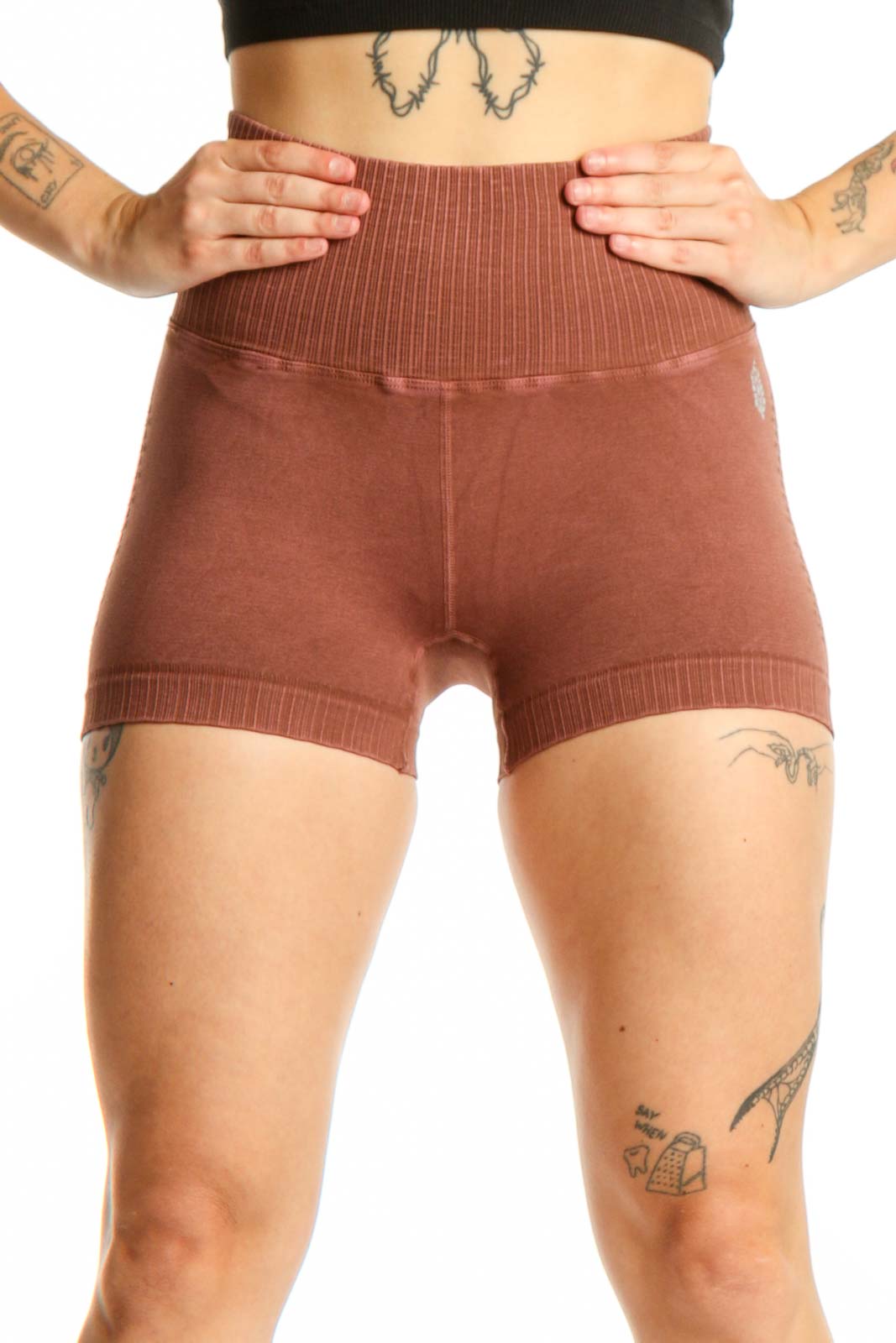 Rust Ribbed High-Waist Activewear Shorts Front