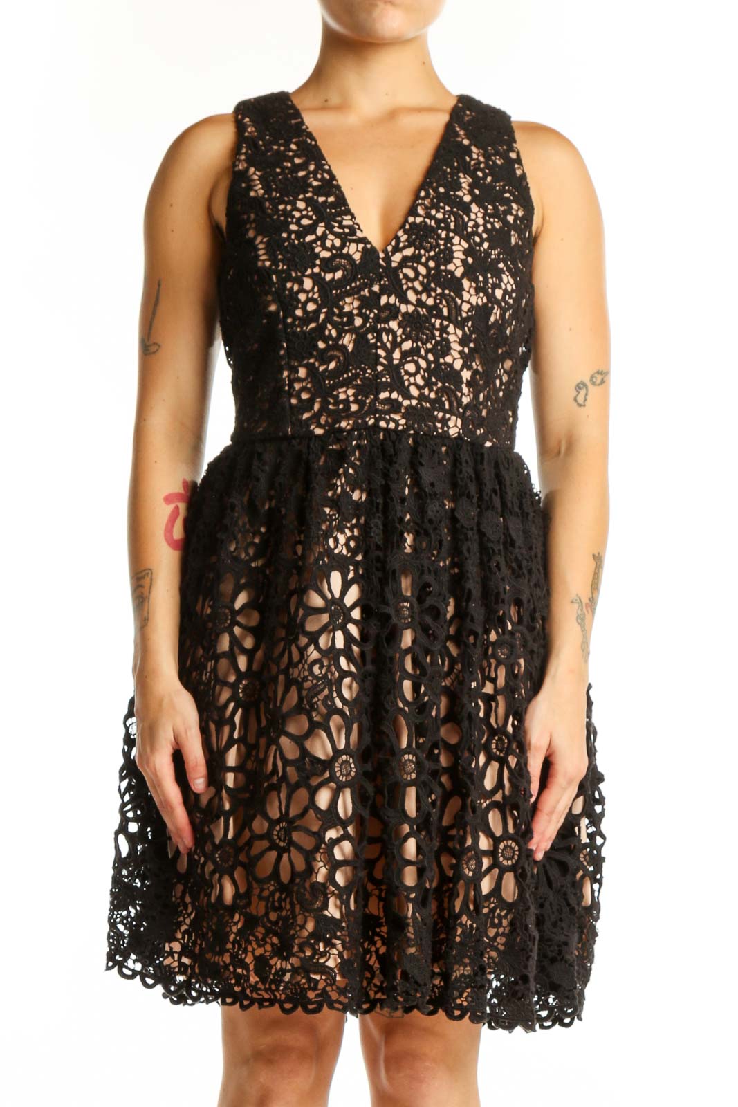 Black Lace Wrap Dress with Floral Details Front
