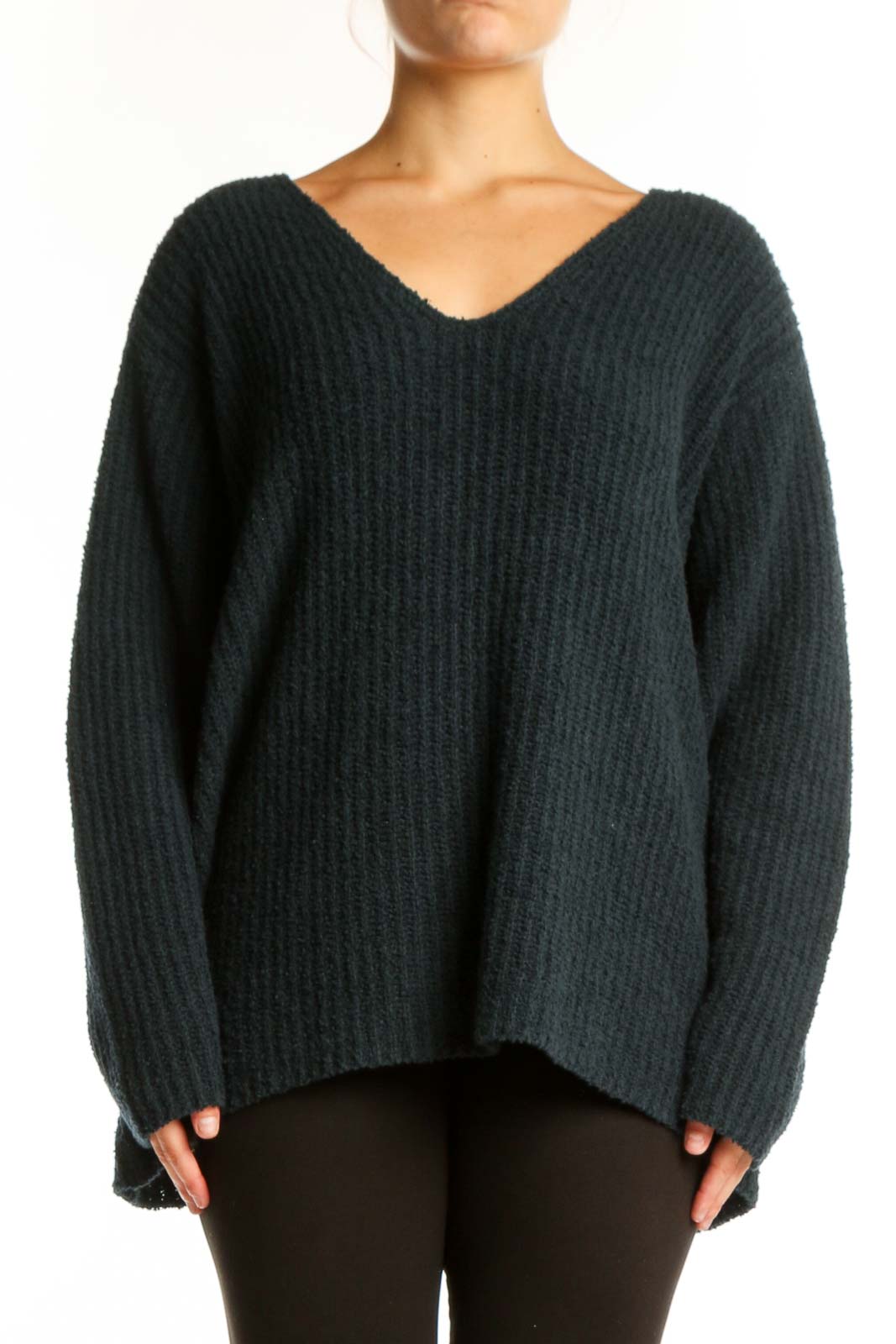 Charcoal Ribbed V-Neck Cashmere Knit Sweater Front