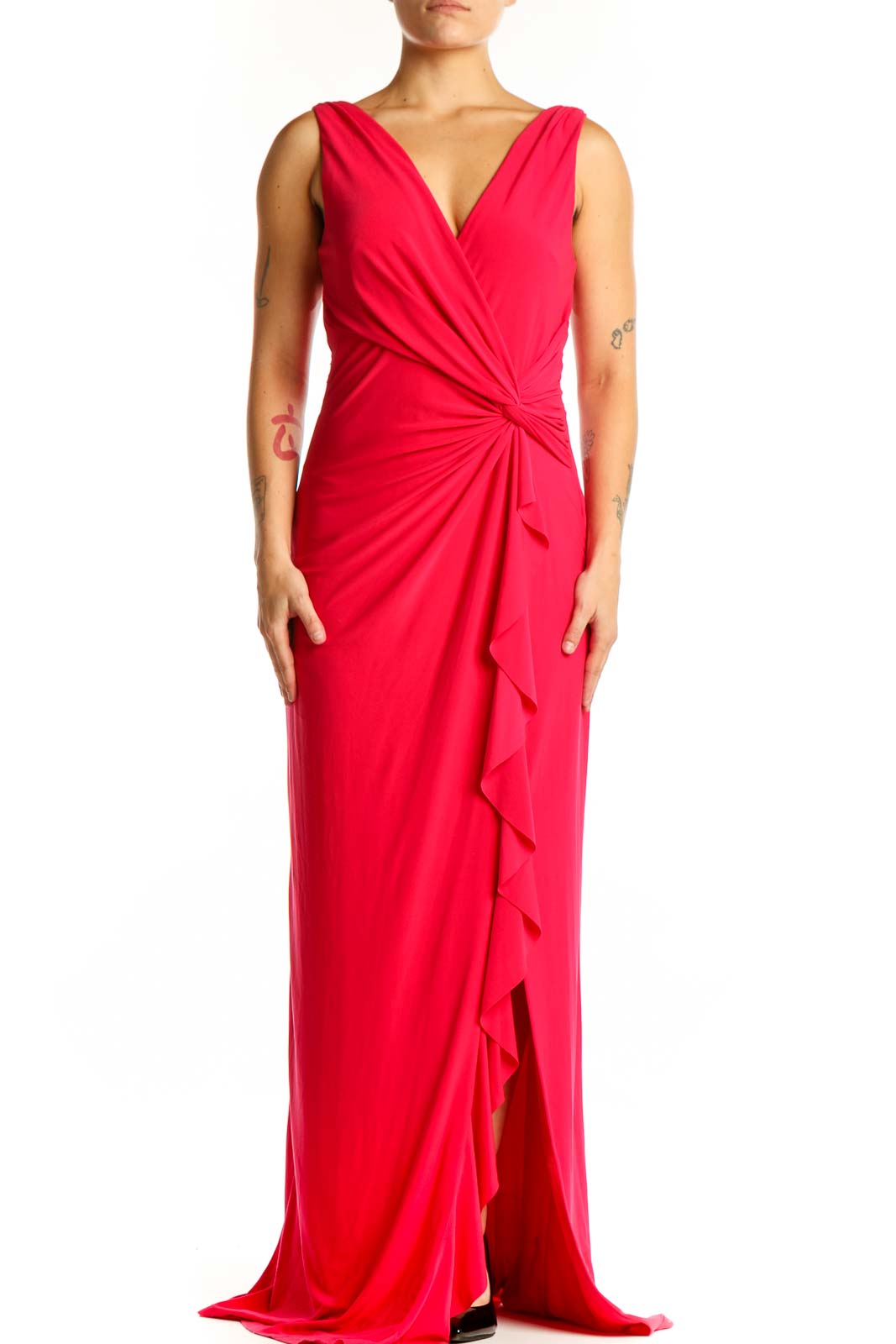 Red Wrap Maxi Dress with Ruffle Detail Front