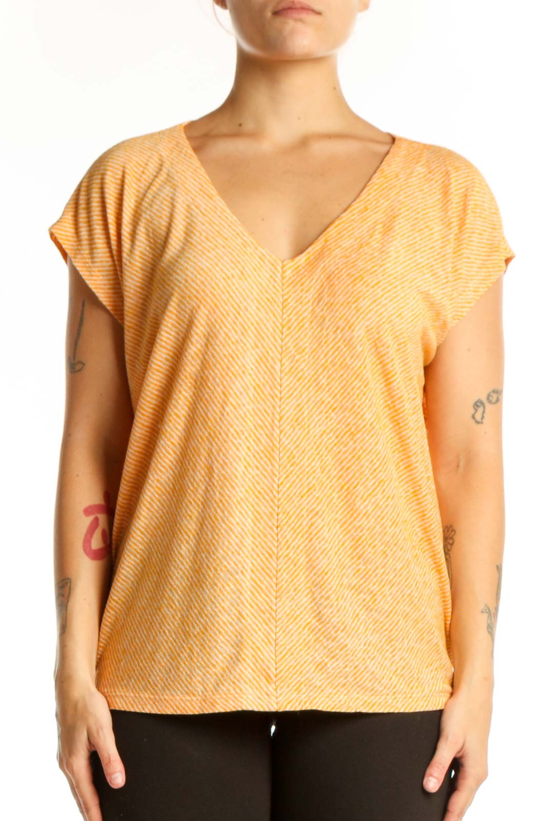 Gold Striped V-Neck Short Sleeve Top Front