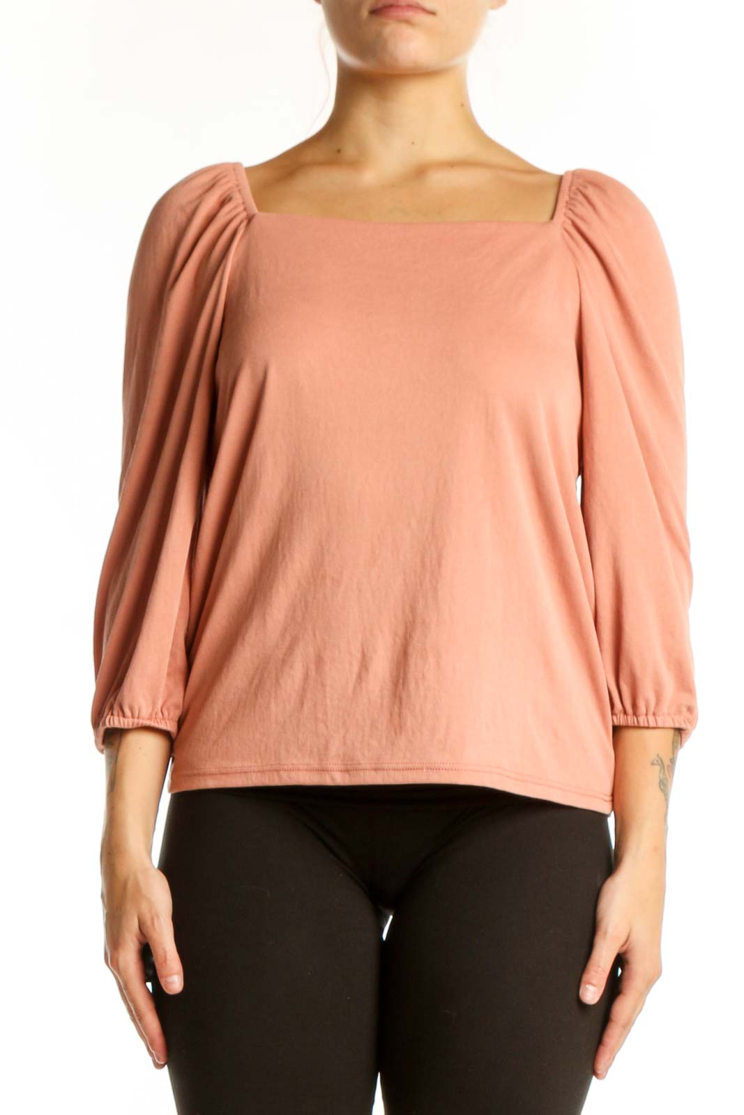 Peach Puff Sleeve Square Neck Top Front