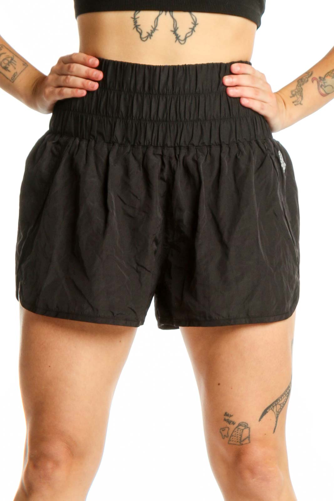 Black Elastic Waist Athletic Shorts Front