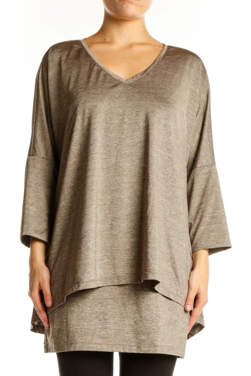 Taupe Layered V-Neck Tunic Top Front